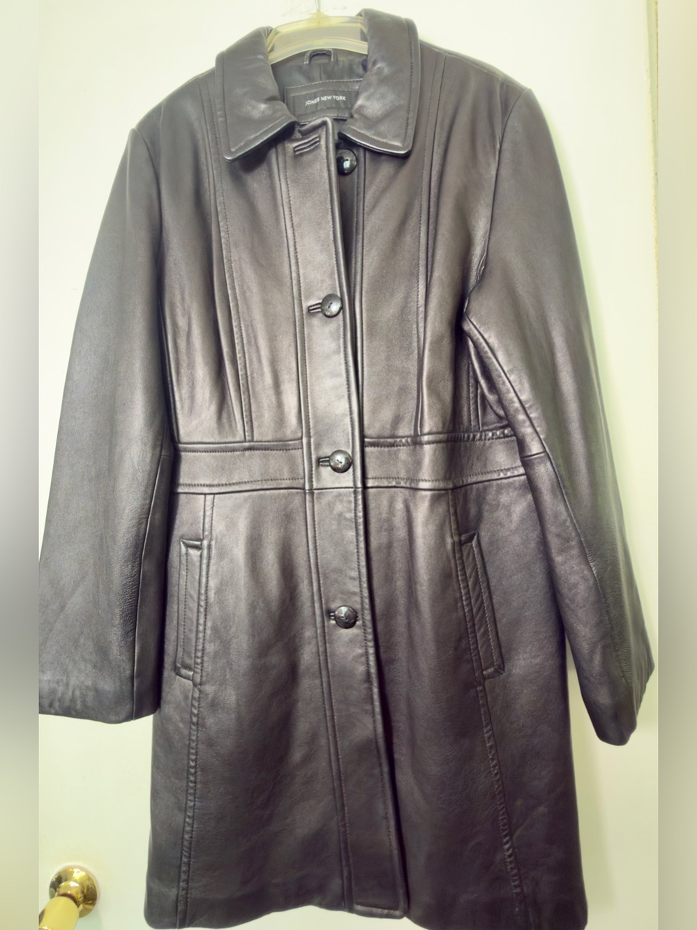VTG Jones New York Black Genuine Leather Mid Length Coat /Jacket 90s Y2K